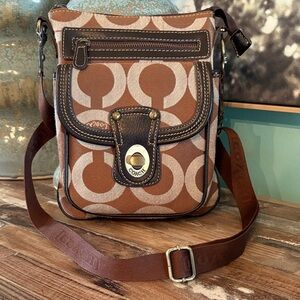 Coach Brown Signature Canvas Crossbody Bag with Dark Brown Trim